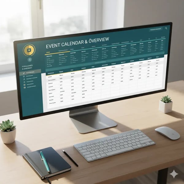 Draufsicht auf einen digitalen Kalender und eine Zeitleiste, die auf einem Ultrawide-Monitor angezeigt werden, mit farbcodierten Events für Überblick und Kontrolle.