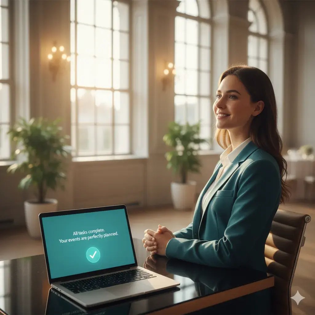 Ein Venue Manager lehnt sich nach getaner Arbeit an der Eventmanagement-Software zufrieden zurück.