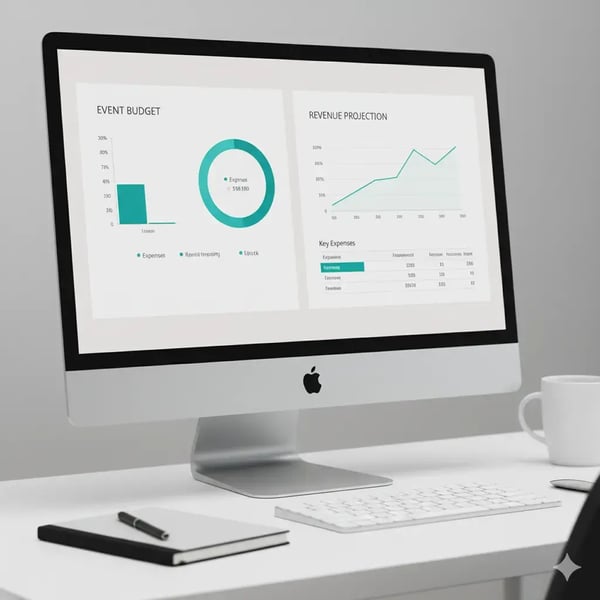 Nahaufnahme eines Finanz-Dashboards auf einem Computer, das Event-Budget- und Umsatzdiagramme zeigt, für präzise Budgetierung und Finanzen.