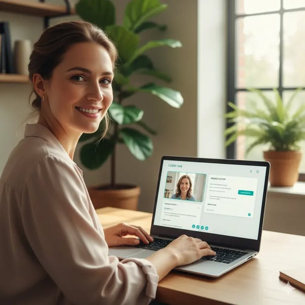Ein Eventmanager im Videoanruf mit einem Kunden, der CRM-Dashboard und Nachrichten auf dem Laptop-Bildschirm zeigt, für persönliche Kommunikation und CRM.