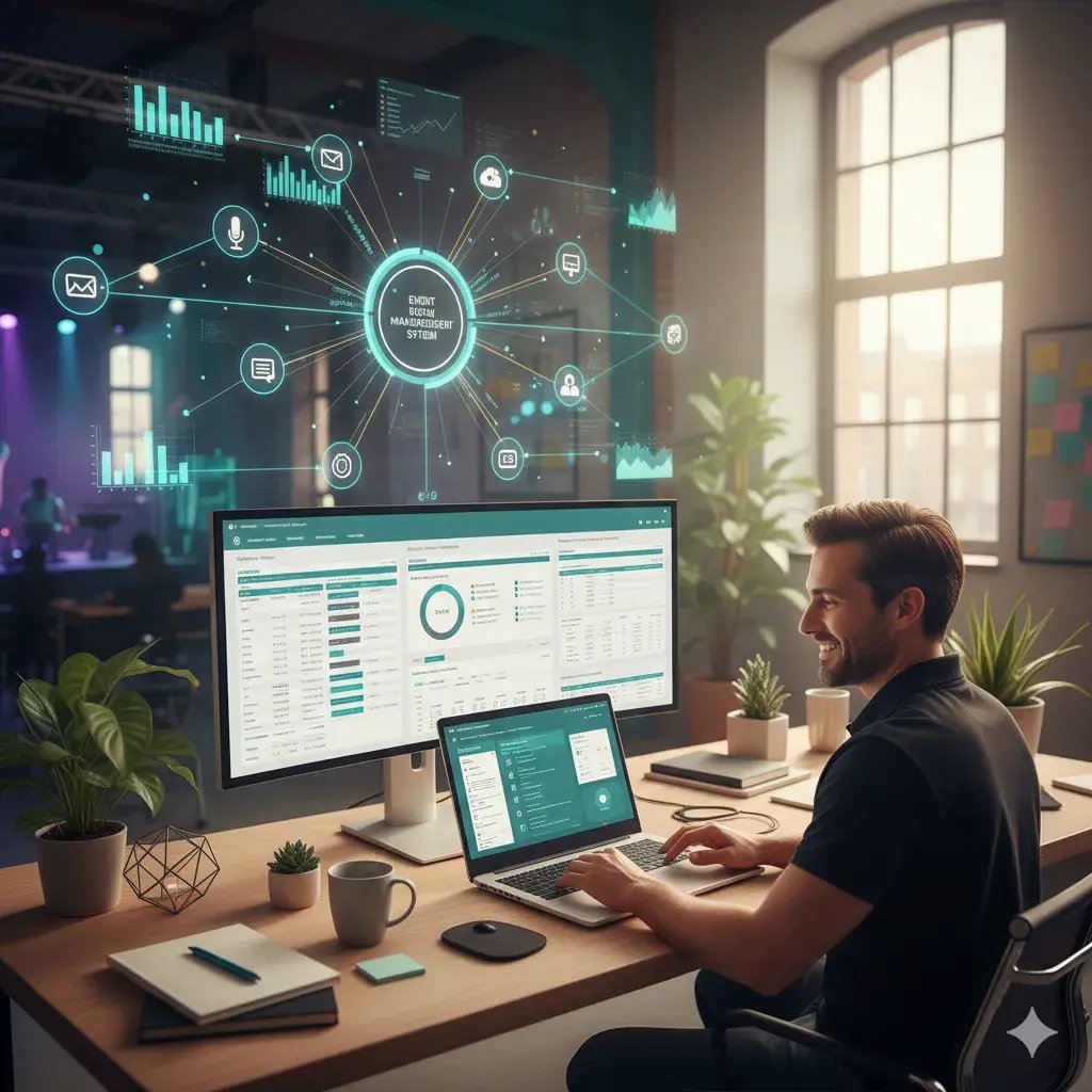 Ein Team plant in einem modernen Eventbüro auf einem großen digitalen Bildschirm mit Eventmanagement-Software, um Events strukturiert zu managen.