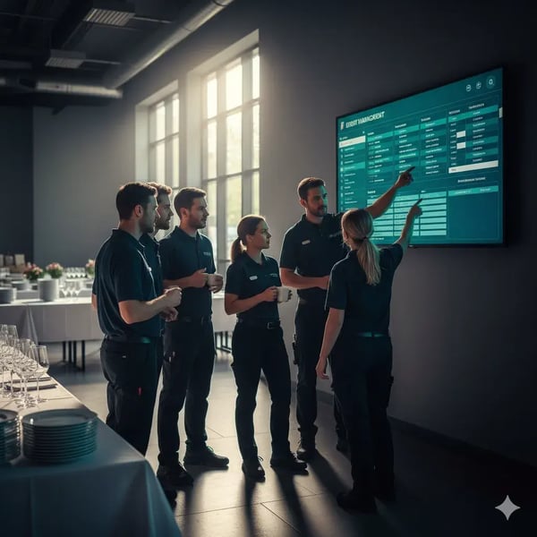 Eventpersonal bei einem Briefing vor einem digitalen Bildschirm mit Zeitplänen und Teameinsätzen, mit Catering-Tischen im Hintergrund.