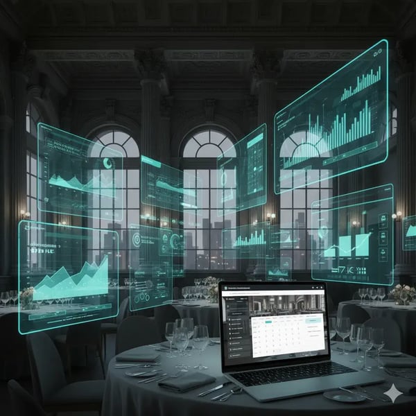 Abstrakte Komposition von Diagrammen und Dashboards, die über das Innere einer eleganten Eventlocation projiziert werden.