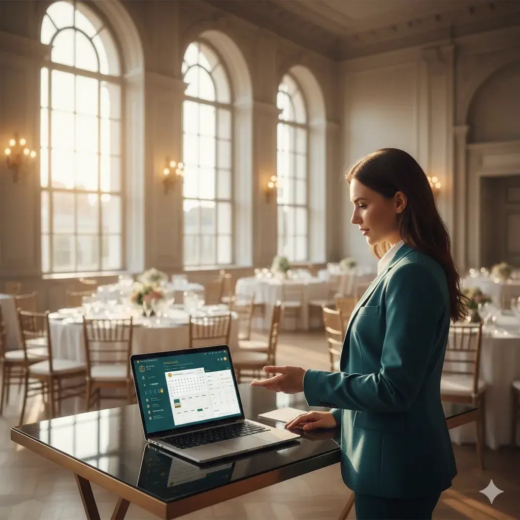 Weitwinkelaufnahme einer modernen Eventlocation mit einem Venue Manager, der eine Eventmanagement-Software auf einem Laptop bedient.