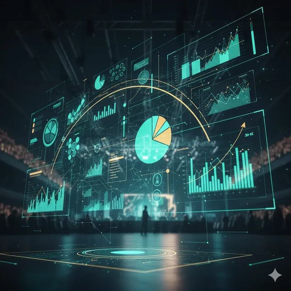 Abstrakte Komposition aus Charts, Analysen und Graphen, die auf einen Event-Hintergrund projiziert werden, für modernes Reporting und datengetriebene Analysen.