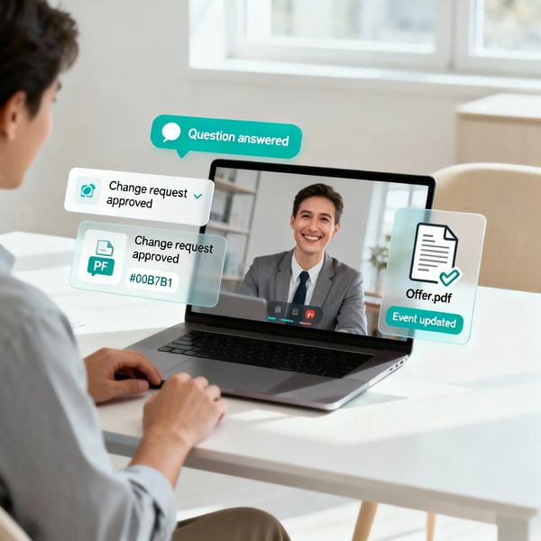 Eine Person sitzt an einem Schreibtisch und nimmt an einem Videoanruf mit einem lächelnden Kunden auf einem Laptop teil. Um den Bildschirm herum schweben semi-transparente Benachrichtigungen in Türkis und Grau, die eine erfolgreiche Zusammenarbeit signalisieren, wie zum Beispiel 