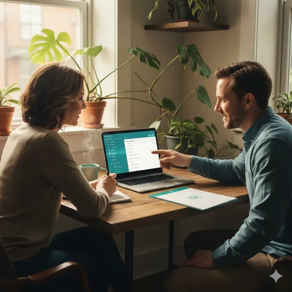Ein Venue Manager im Gespräch mit einem Kunden, während er ein Laptop mit Buchungsanfragen und CRM-Dashboard verwendet.