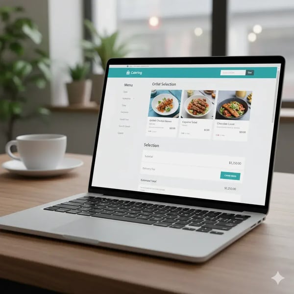 Nahaufnahme eines Laptops, der ein Online-Buchungsformular für Catering mit Menüauswahl, Preisberechnung und Warenkorb zeigt.