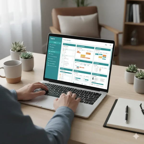 Nahaufnahme eines Projektmanagers, der eine digitale Aufgabenübersicht auf einem Laptop-Bildschirm organisiert, um Projektplanung und Aufgabenverwaltung zu optimieren.
