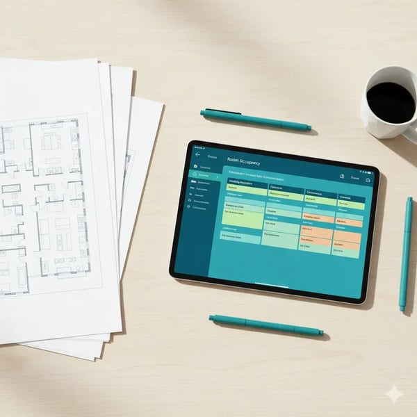 Draufsicht auf ausgedruckte Grundrisse und ein Tablet mit einem digitalen Belegungsplan für Eventräume.