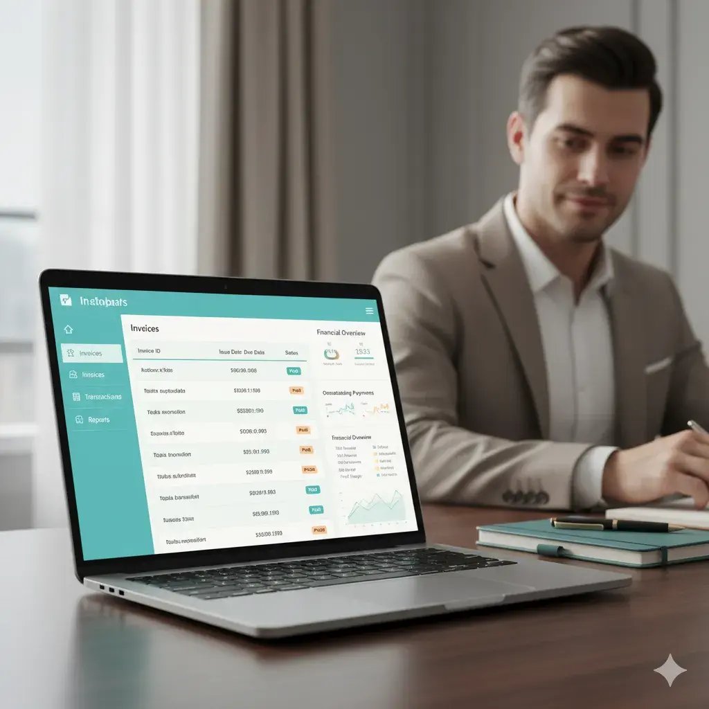 Nahaufnahme eines Laptops, der ein Rechnungs-Dashboard und eine Finanzübersicht in einem eleganten Büro anzeigt.