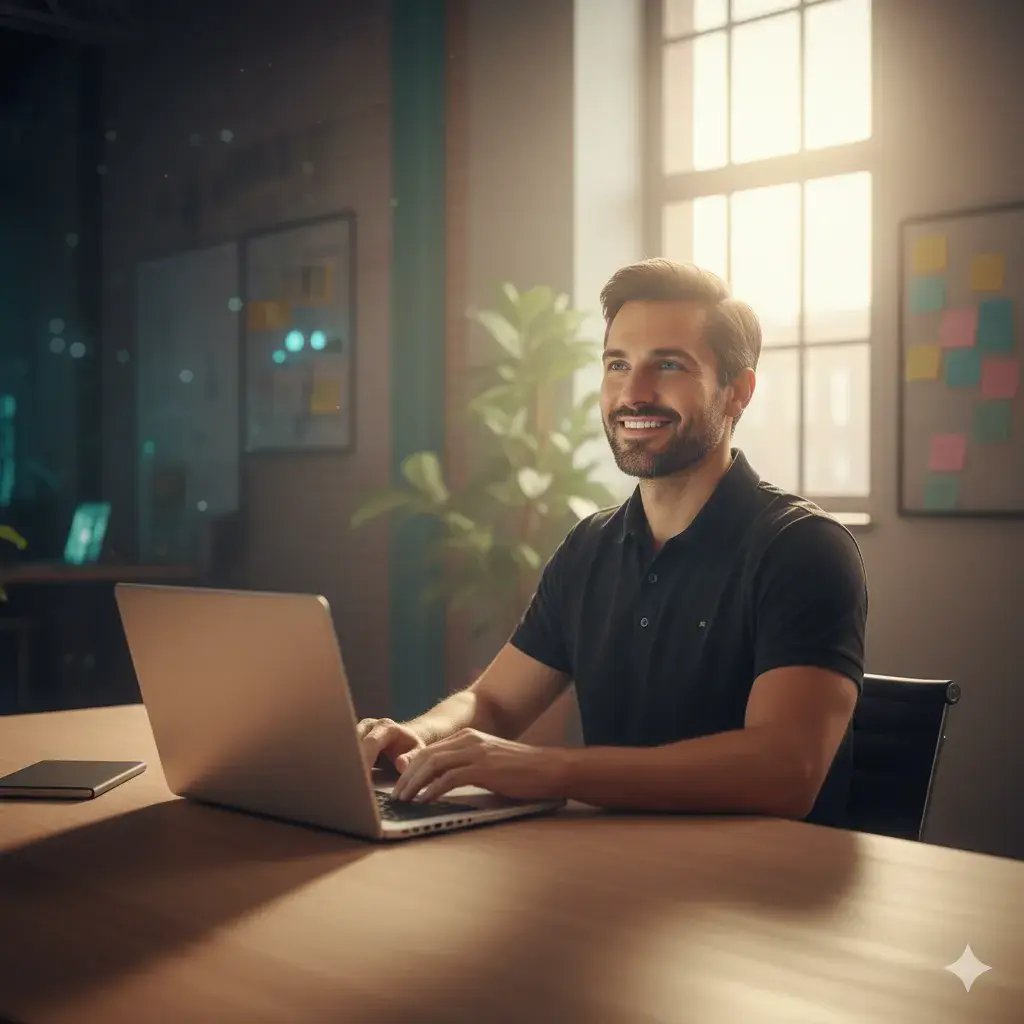 Ein lächelnder Eventmanager schließt seinen Laptop nach Abschluss eines Eventplans in der Software, was ein Gefühl der Zufriedenheit beim smarten Planen und digitalen Wachsen vermittelt.