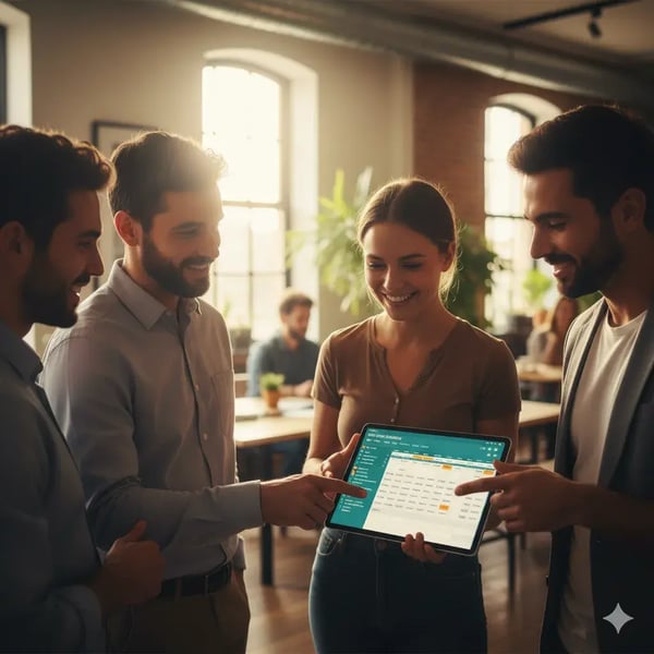 Eine Gruppe unterschiedlicher Eventprofis bespricht einen digitalen Zeitplan auf einem Tablet, was Team- und Ressourcenmanagement in einer kooperativen Atmosphäre zeigt.