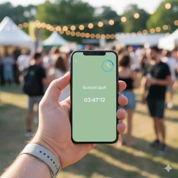 Eine Hand hält ein Smartphone mit einem aktiven Timer, der „Schicht läuft“ anzeigt, im Hintergrund ist ein Event zu sehen.