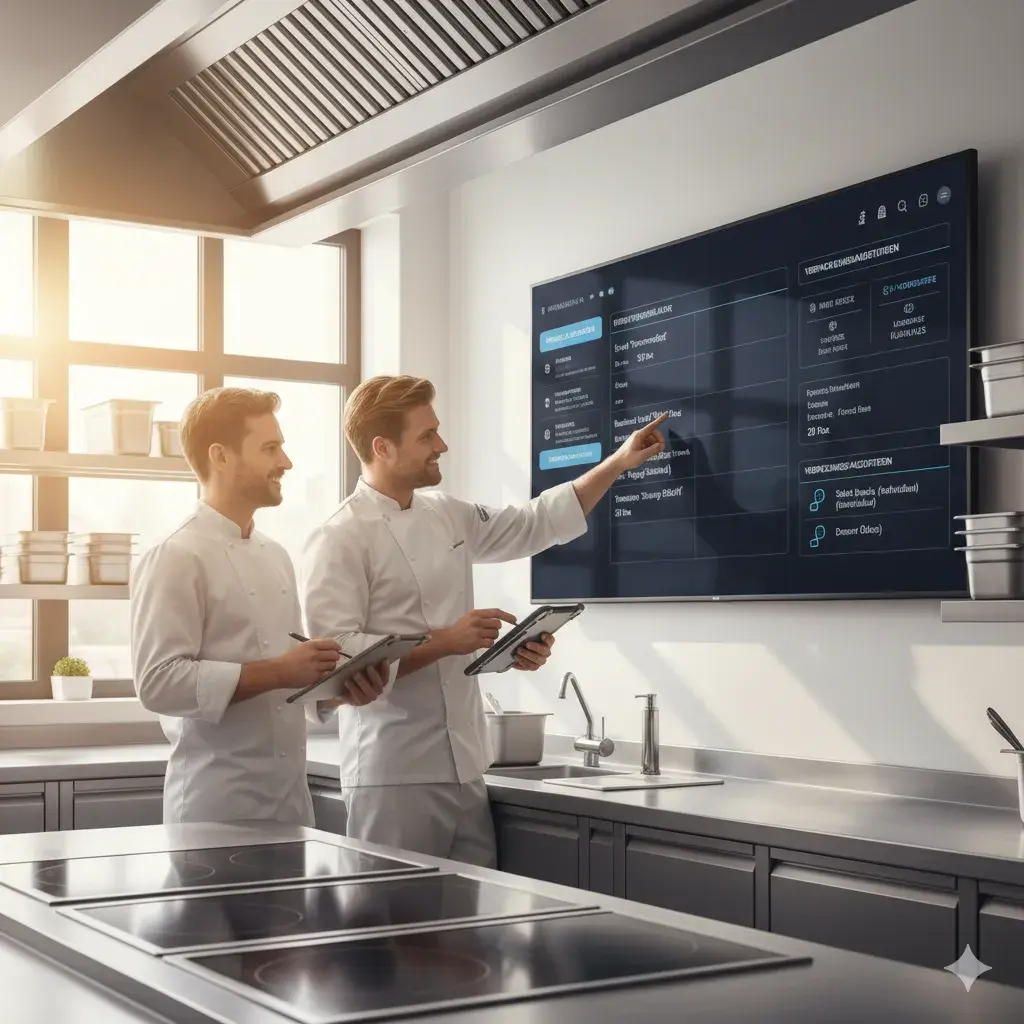 Moderne Catering-Küche mit Köchen, die digitale Produktionsplanung auf einem großen Bildschirm überprüfen.